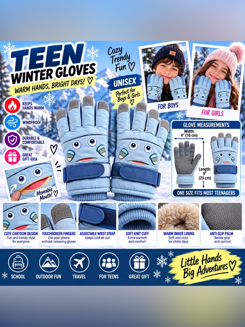 Unisex Teen Winter Gloves Boys Girls Warm Lined Touchscreen Adjustable